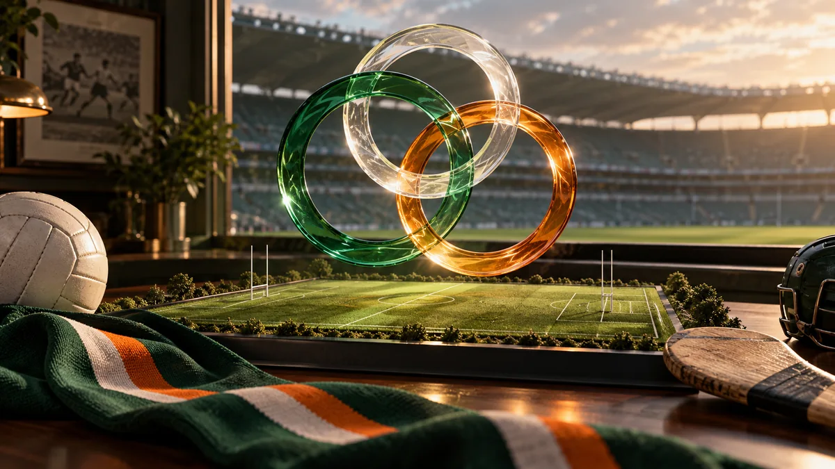 AI-generated illustration: Interlocking rings above a football pitch illustrating connected outcomes