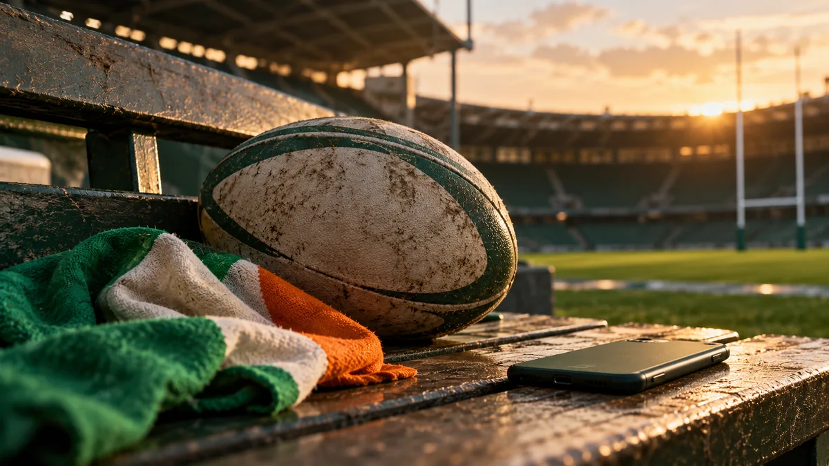 AI-generated illustration: Face-down smartphone beside a rugby ball illustrating attention and taking a pause