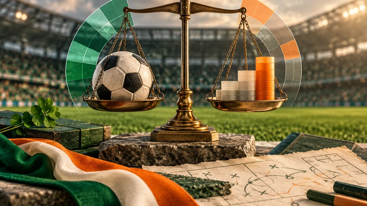 AI-generated illustration: Football and balanced scales illustrating probability, price and bookmaker margin