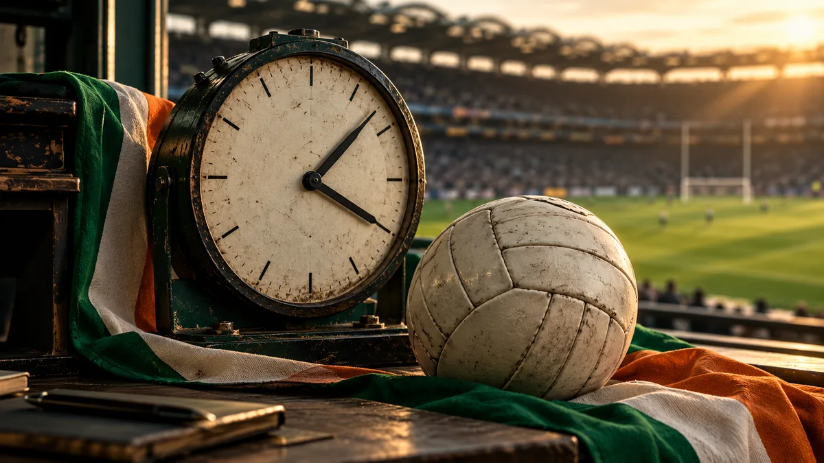 AI-generated illustration: Stadium clock and football illustrating broadcast delays and changing information