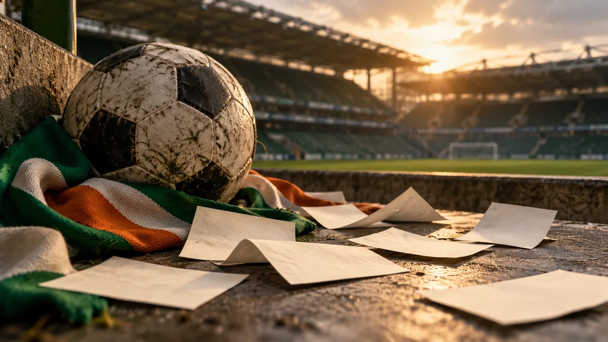AI-generated illustration: Football and scattered paper tiles illustrating uncertainty and financial loss
