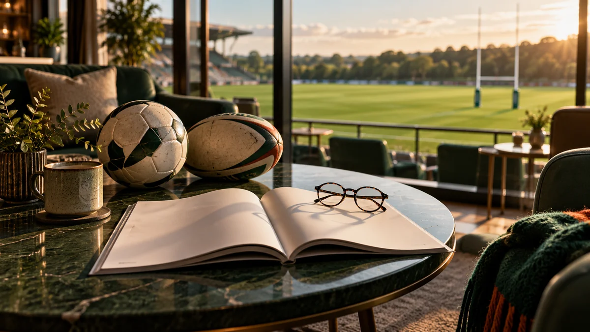 Sports magazine, reading glasses and sporting equipment in a sunlit stadium lounge