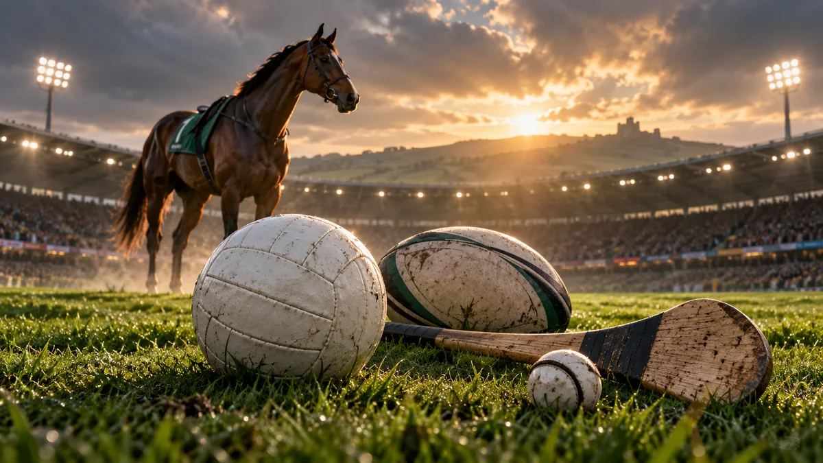 Editorial illustration combining football, rugby, hurling and horse racing in an Irish sporting setting