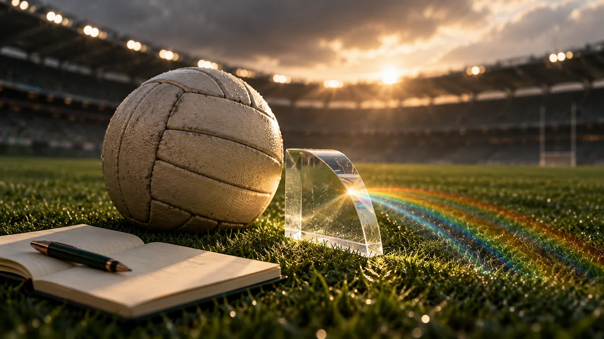 Football, notebook and overlapping glass arcs illustrating sporting uncertainty
